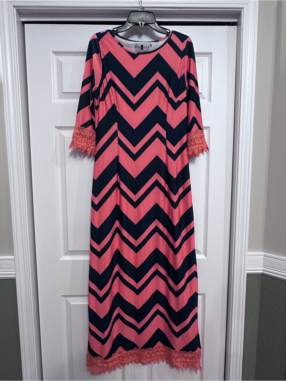 Clearance! Dainty Jewell's Chevron Dress with Crochet Trim - Orange & Navy
